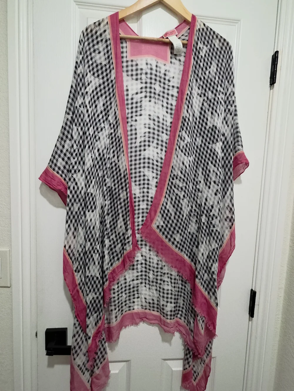 kate spade Black and White Checked Floral Kimono Coverall with Pink Trim
